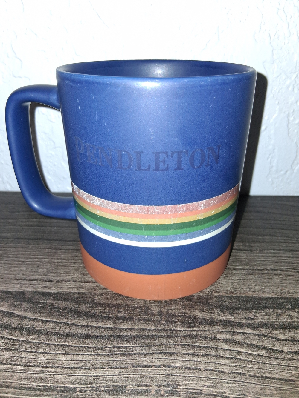 Pendleton Navy Blue Ceramic Mug with Multicolor Stripe and Tan Base - Picture 2 of 4